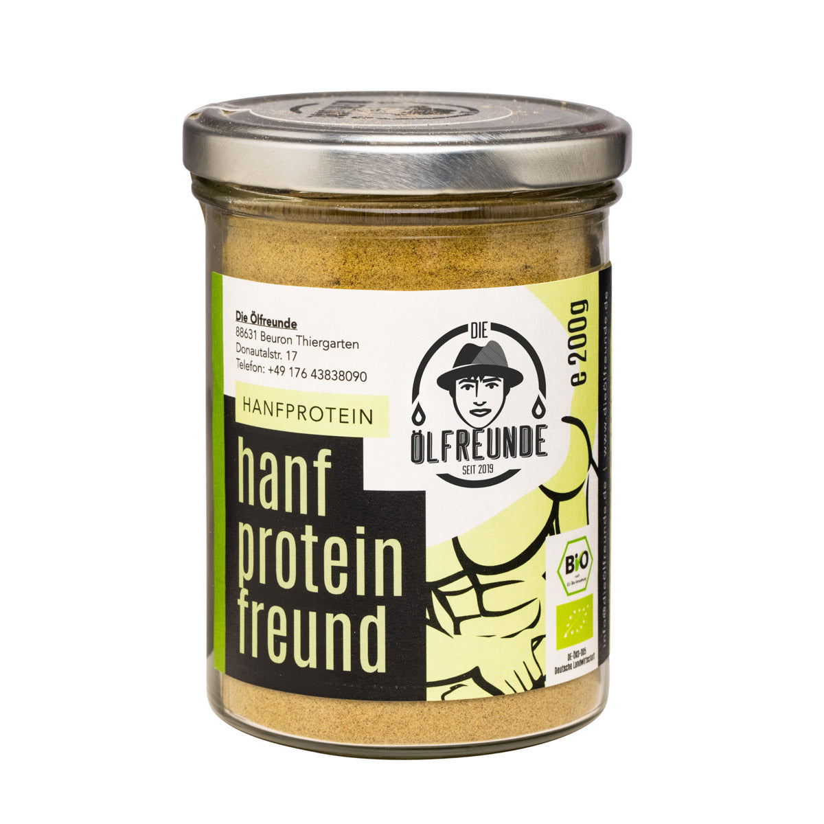 Ein Glas mit 200g Bio-Hanfprotein der Marke Die Ölfreunde.