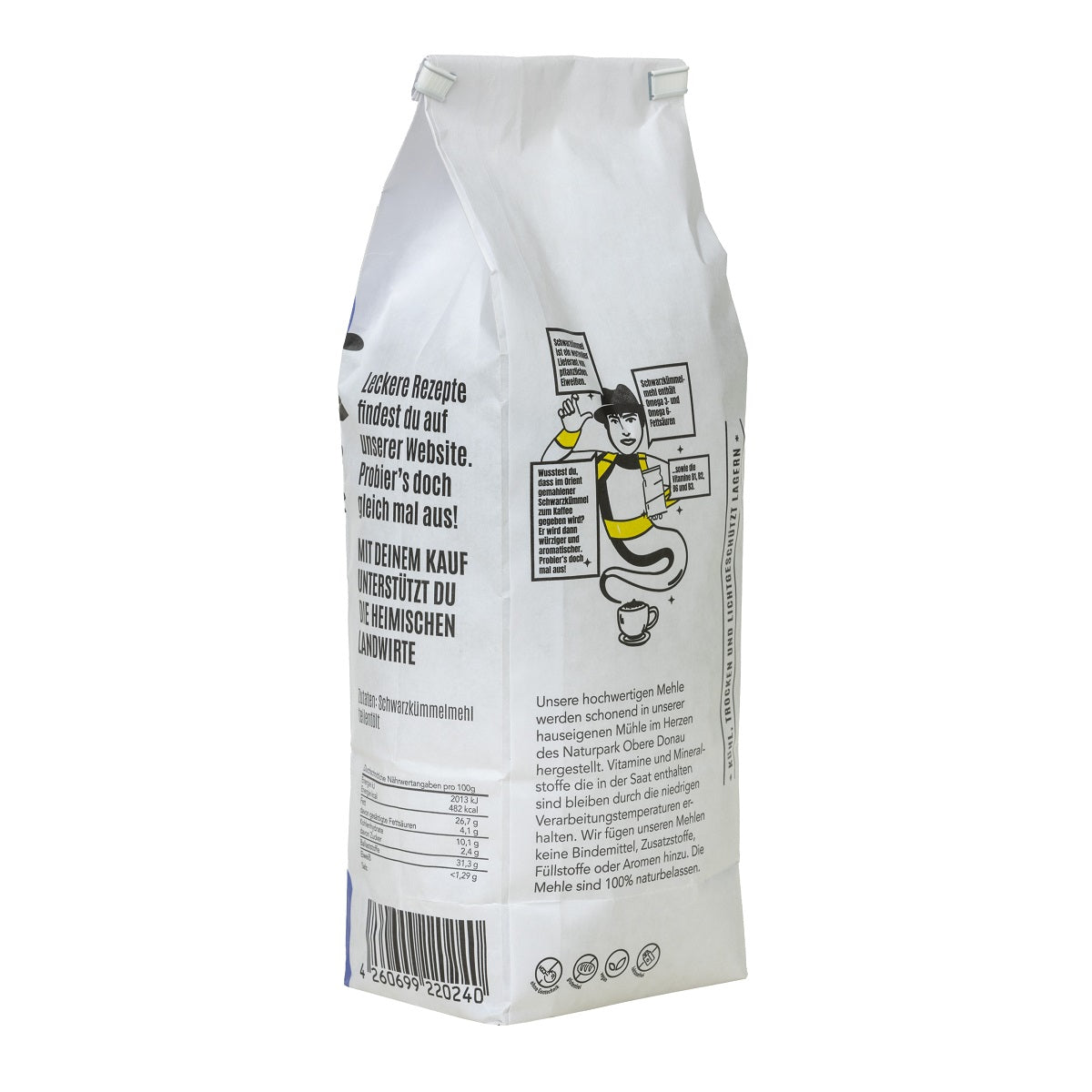 Eine Tüte Schwarzkümmelmehl der Marke Die Ölfreunde von hinten mit Infotext und Nährwerttabelle des Produktes.