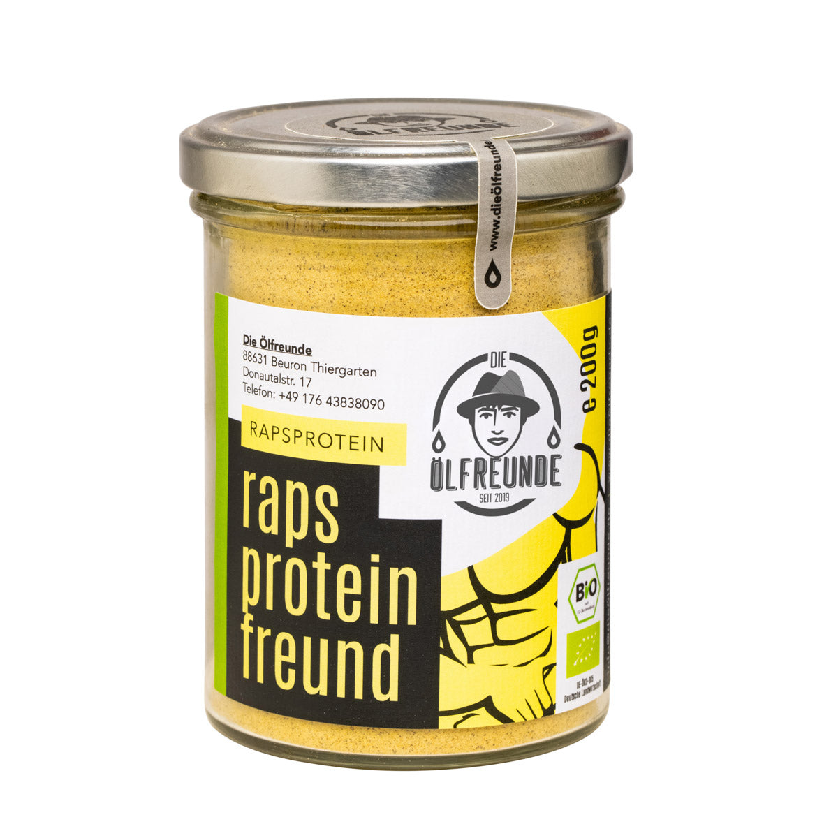 Ein Glas mit 200g Bio-Rapsprotein der Marke Die Ölfreunde.