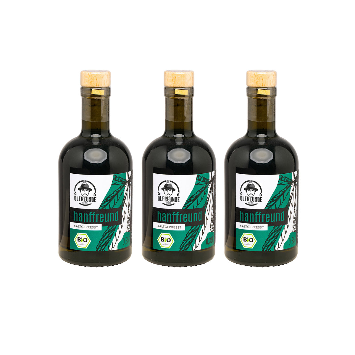 Drei Flaschen mit je 350ml Hanföl der Marke Die Ölfreunde.