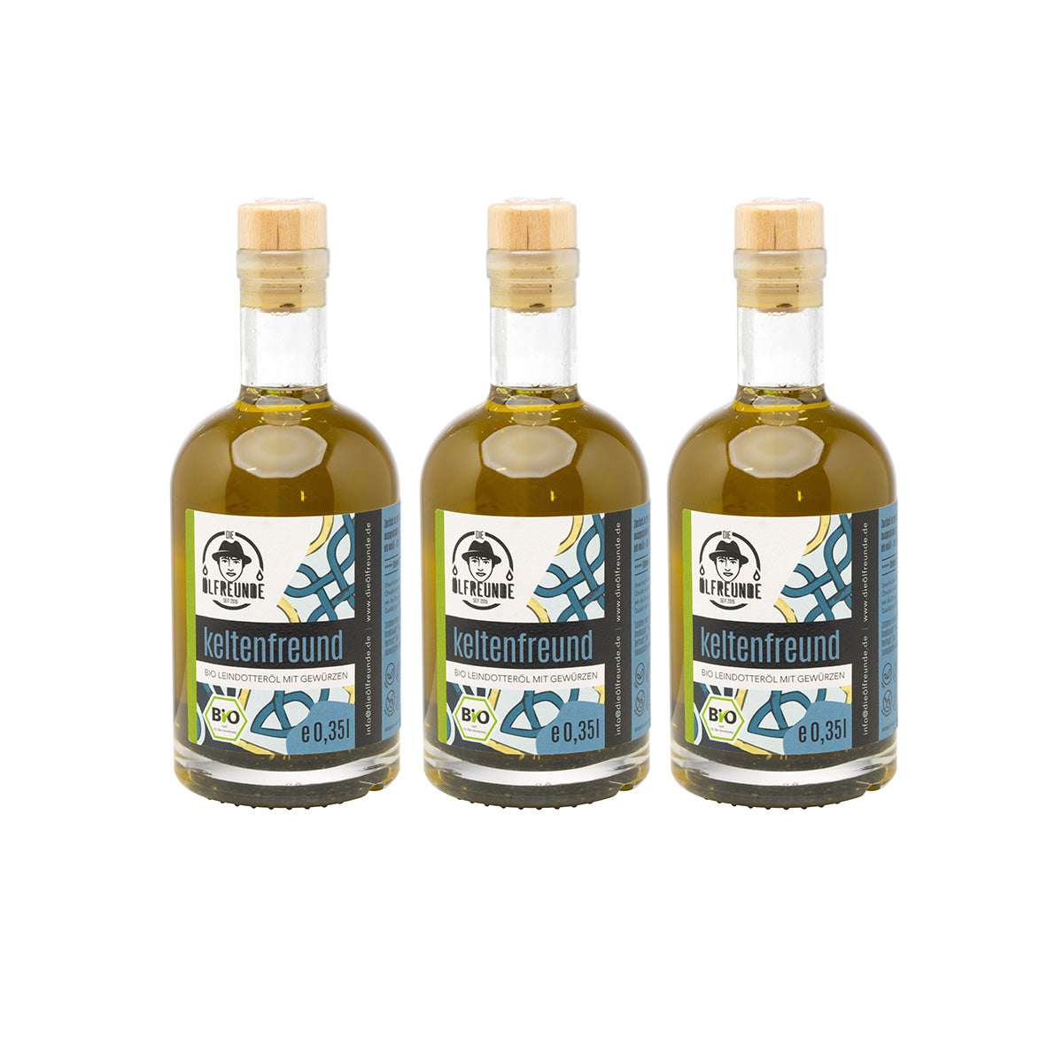 Drei 350ml Flaschen Leindotteröl mit Gewürzen Name 'Keltenfreund' der Marke Die Ölfreunde.