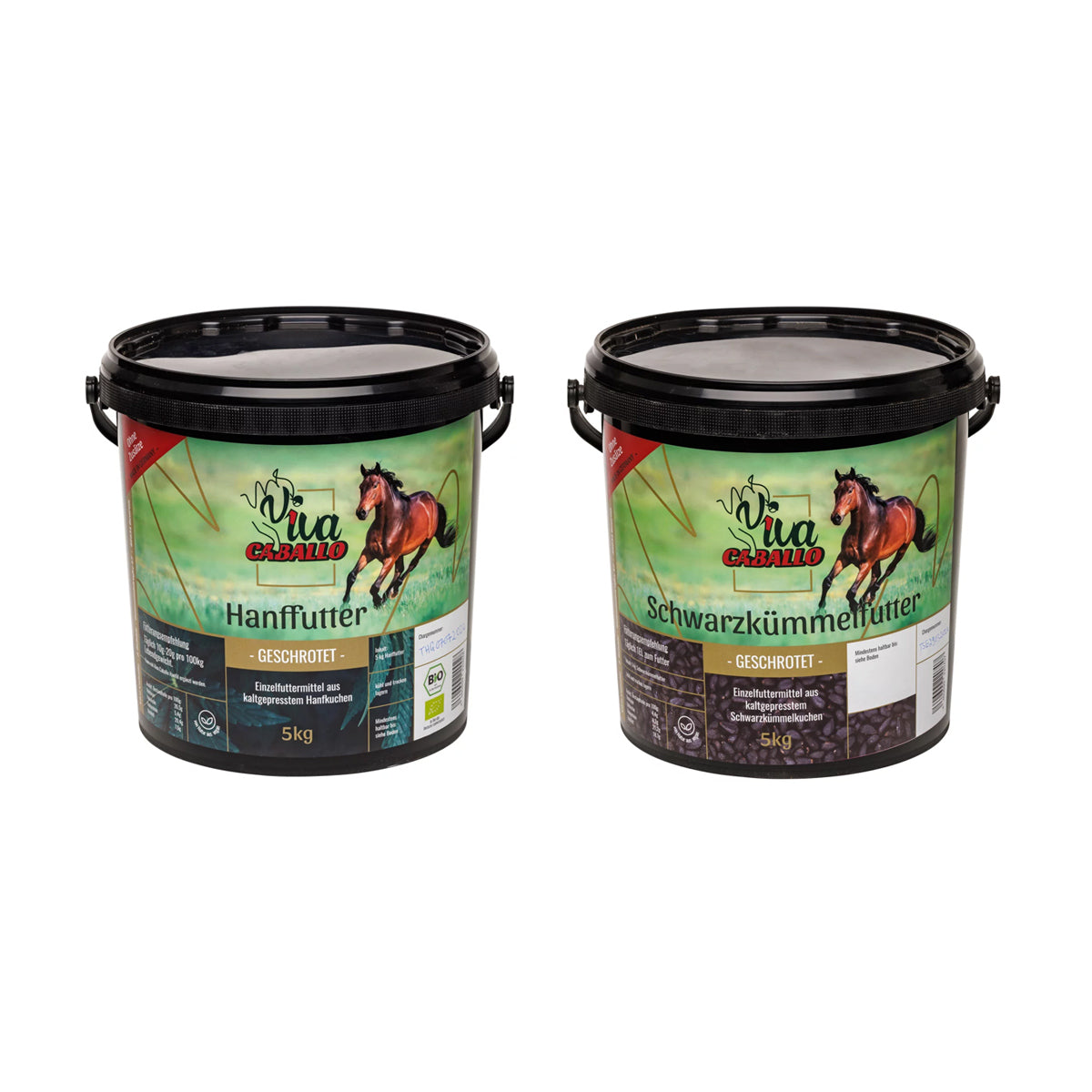 Zwei Eimer mit je 5kg Schwarzkümmelfutter geschrotet, der Marke Viva Caballo.