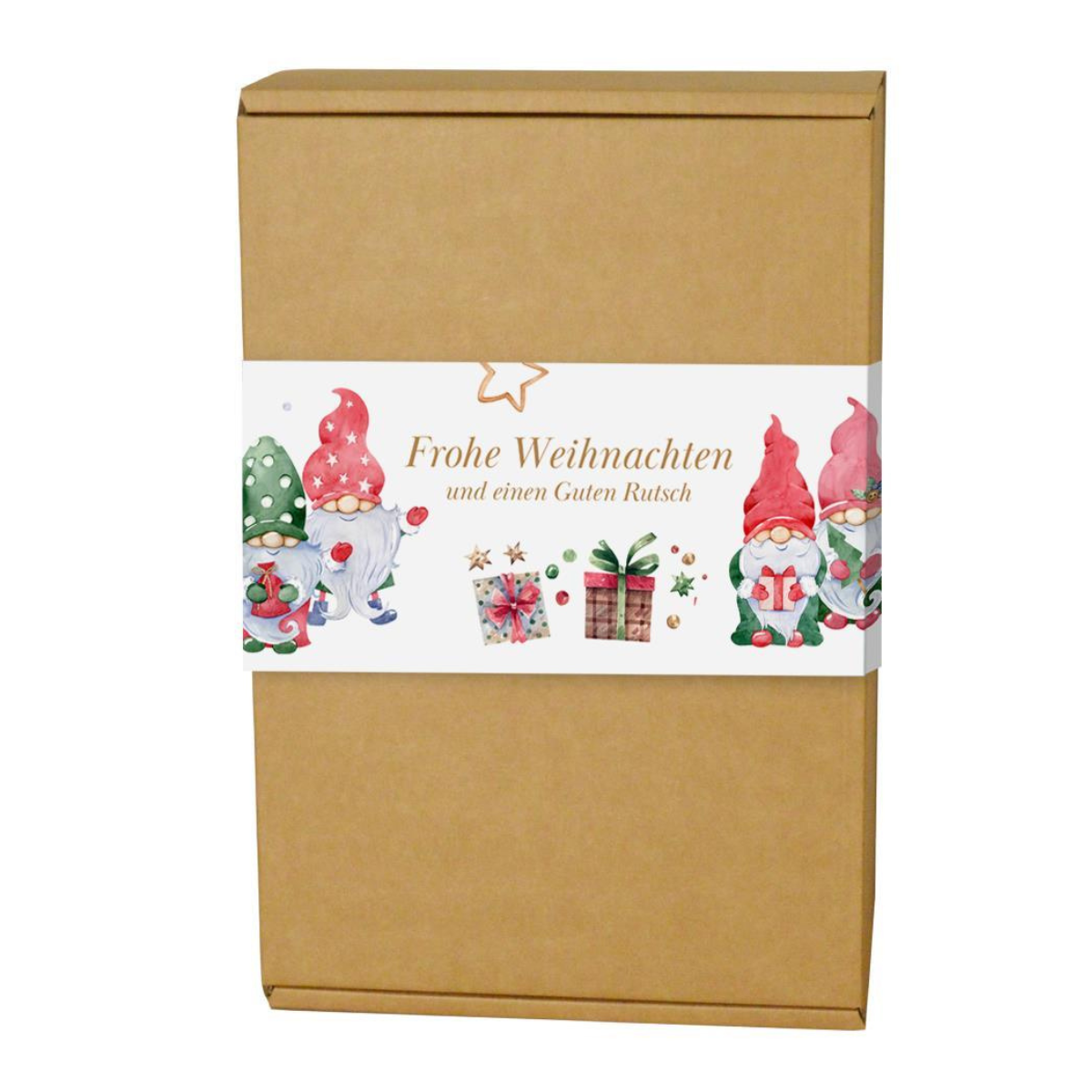 Eine Weihnachts-Geschenkeverpackung mit einem Verzierten Papierband, auf dem rot, grüne Zwerge, Geschenke und der Schriftzug 'Frohe Weihnachten und einen Guten Rutsch' zu sehen sind.