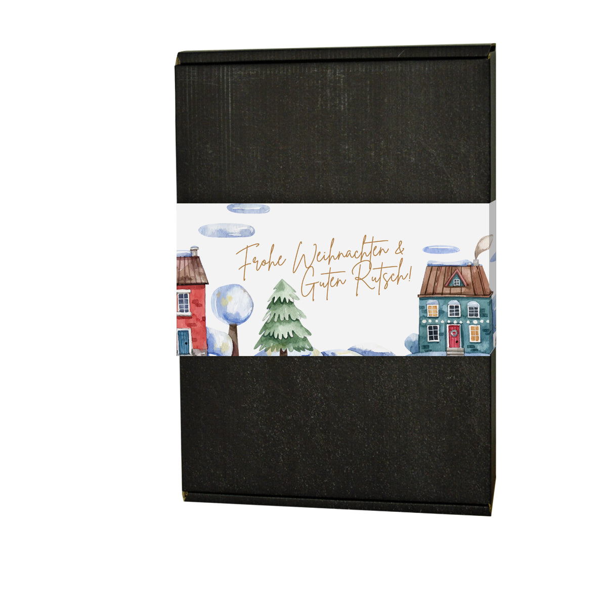 Schwarzer Karton mit einem dekorativen Band, das festlich mit Häusern, Bäumen und Wolken verziert ist. Auf dem Band steht der Text „Frohe Weihnachten & Guten Rutsch!“