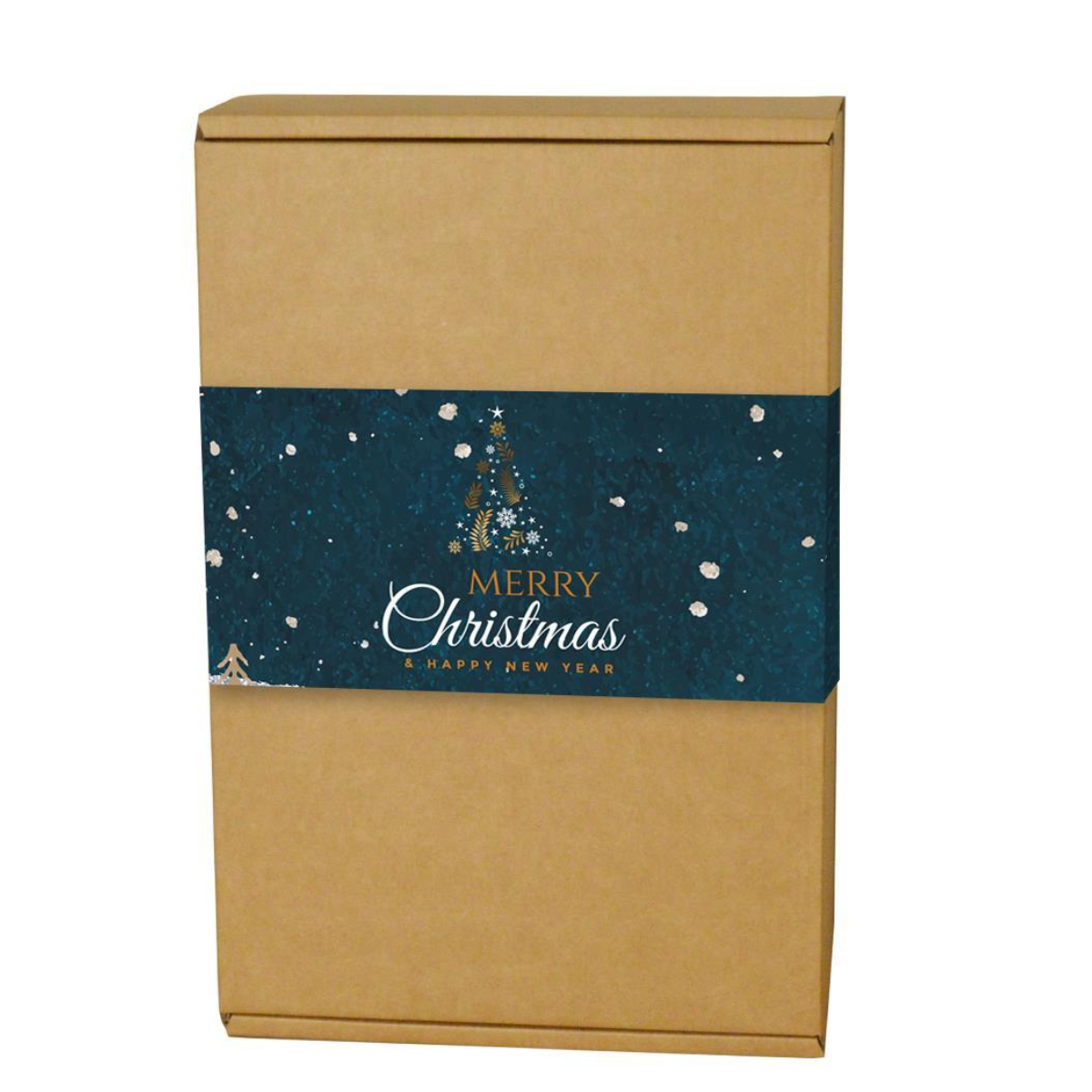 Eine Weihnachts-Geschenkevepackung mit einem Dunkelblauen Papierband verziert, auf dem Band sind Schneeflocken, ein Tannenbaum in Gold und der Schriftzug 'Merry Christmas & a happy New Year' zu sehen