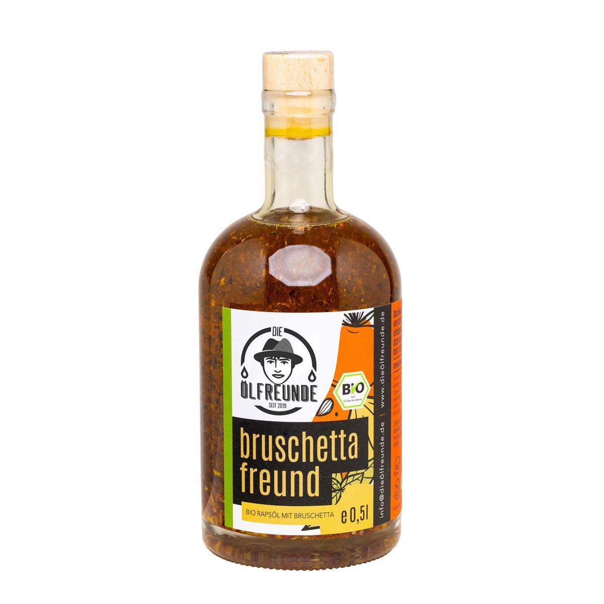 500-ml-Flasche kaltgepresstes Bio-Rapsöl mit Bruschettagewürz von Marke Die Ölfreunde.
