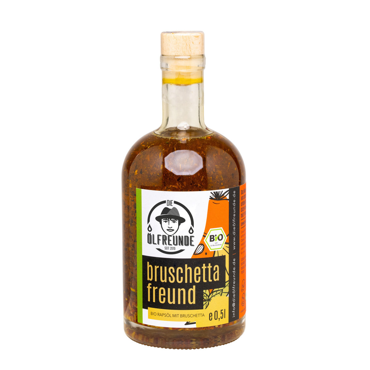 Eine Flasche mit 500ml kaltgepresstes Bio-Rapsöl mit Bruschettagewürz von Marke Die Ölfreunde.