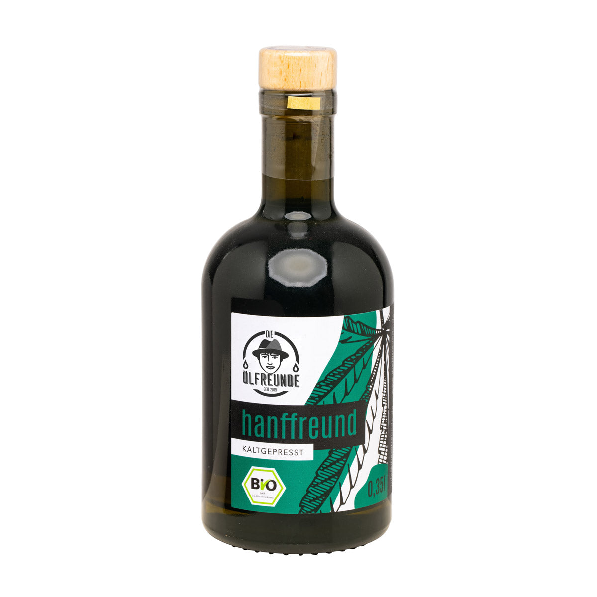 Eine Flasche mit 350ml Hanföl der Marke Die Ölfreunde.