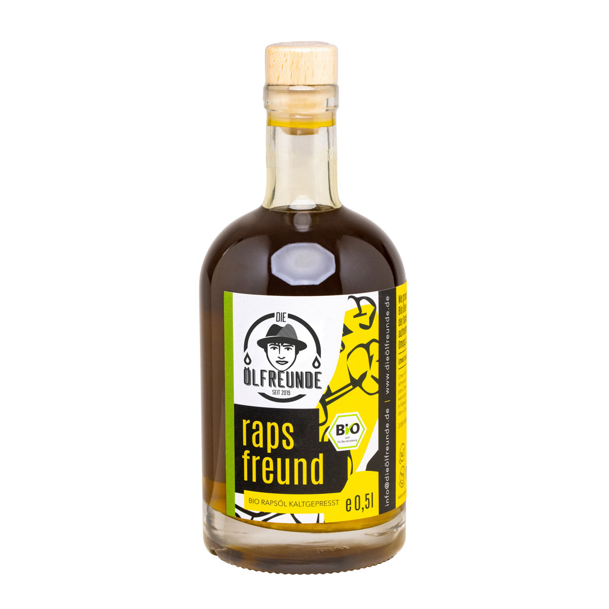 Eine Flasche mit 500ml kaltgepresstes Bio-Rapsöl der Marke Die Ölfreunde.