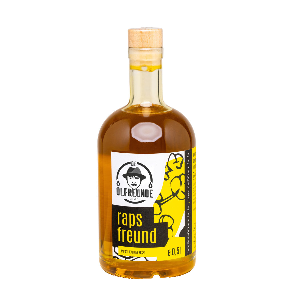 Eine Flasche mit 500ml kaltgepresstes Rapsöl der Marke Die Ölfreunde.
