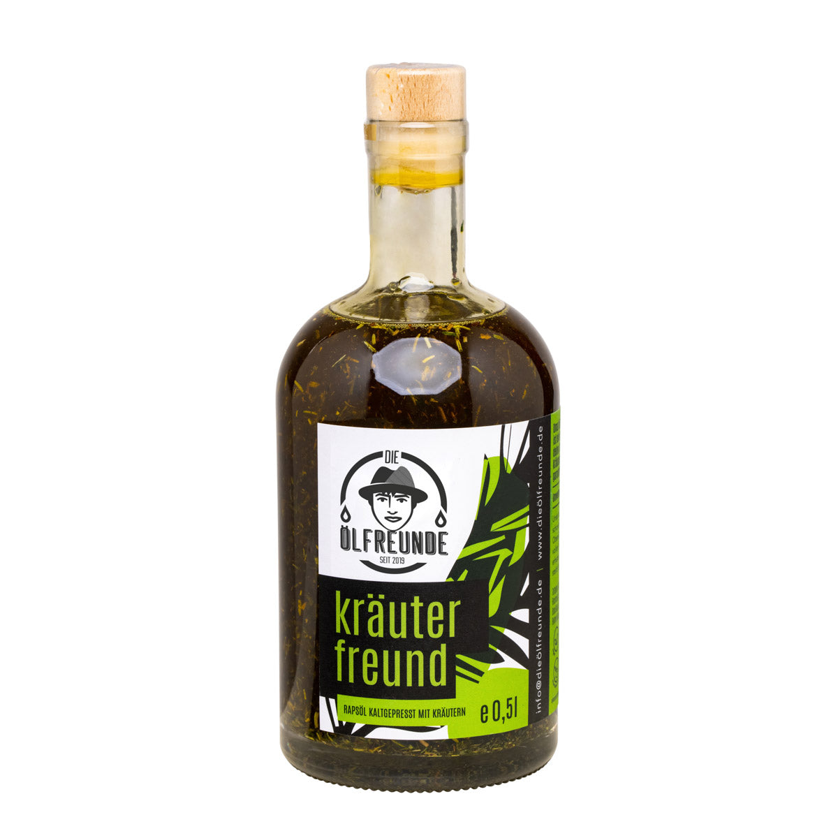Eine Flasche mit 500ml kaltgepresstes Rapsöl mit Kräutern wie Rosmarin, Estragon, Basilikum, Thymian und Bohnenkraut von Marke Die Ölfreunde.