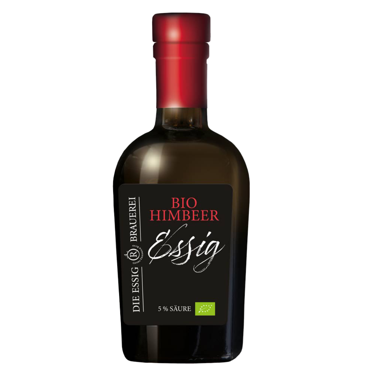 Eine Flasche Bio-Himbeeressig mit 5% Säure der Marke Die Essig Brauerei.