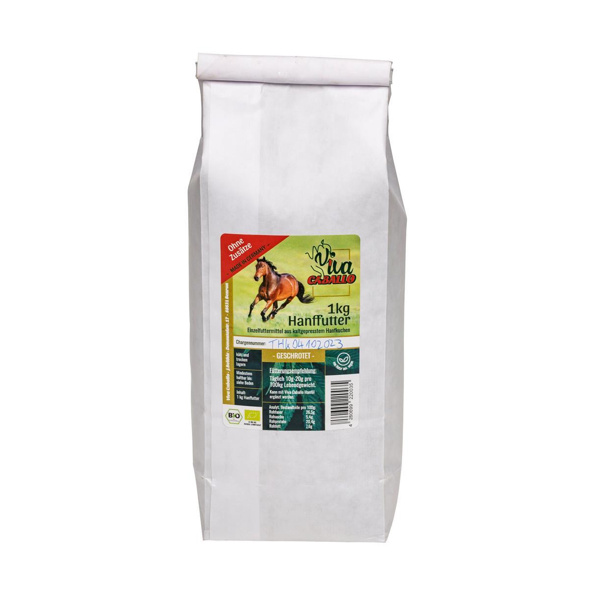 Eine Tüte mit 1kg Bio-Hanffutter geschrotet und ohne Zusatzstoffe, der Marke Viva Cabello.