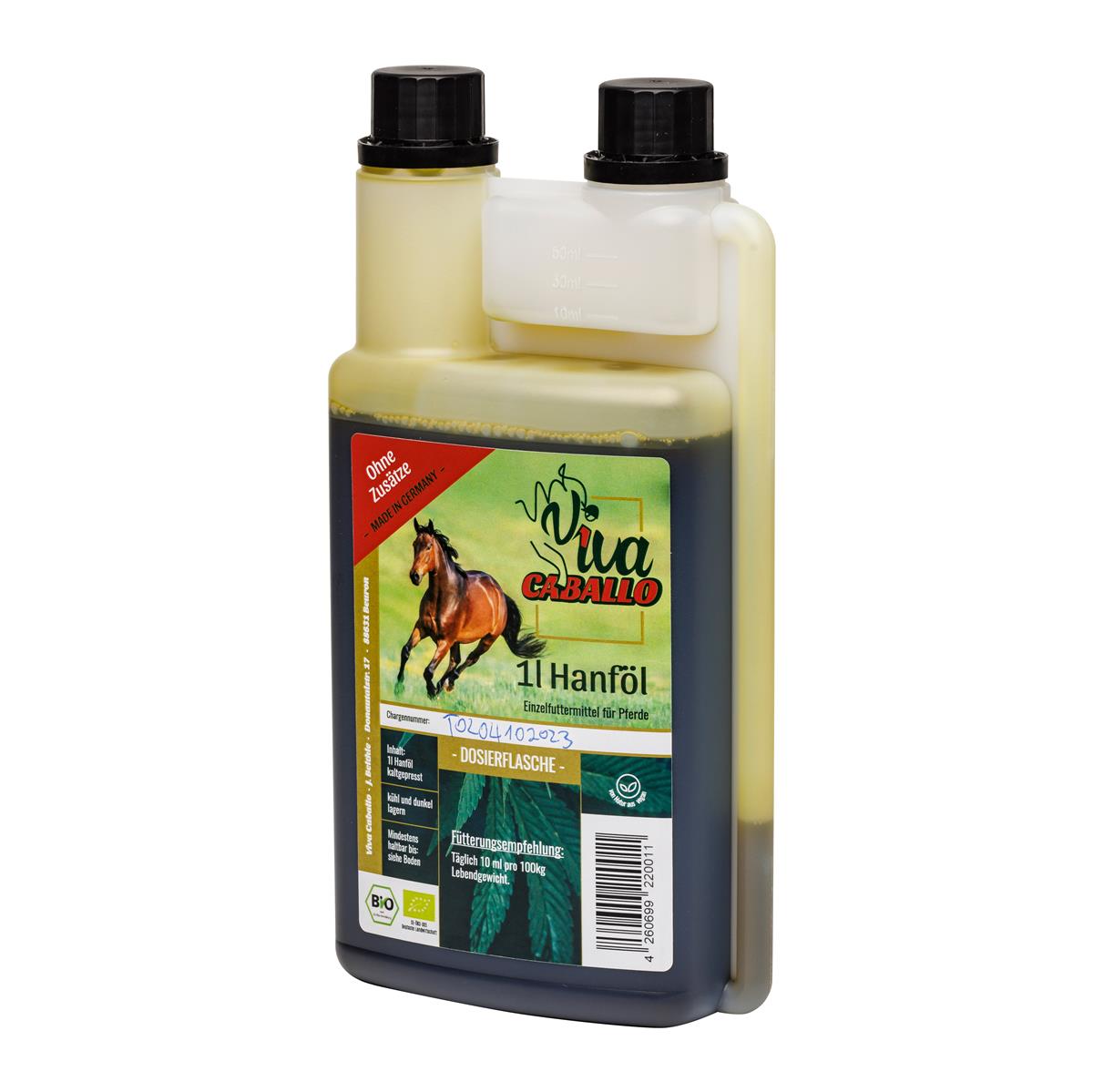 Eine Flasche mit 1L Bio-Hanföl ohne Zusatzstoffe der Marke Viva Caballo, daneben eine Schale mit Hanföl.