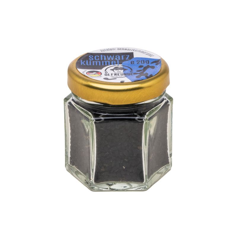 Ein Glas mit 20g Schwarzkümmel der Marke Die Ölfreunde.