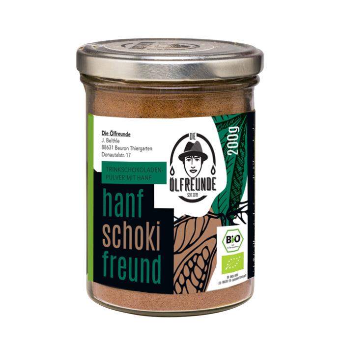 Ein Glas mit 200g Bio-Trinkschokoladenpulver mit Hanf von der Marke Die Ölfreunde.