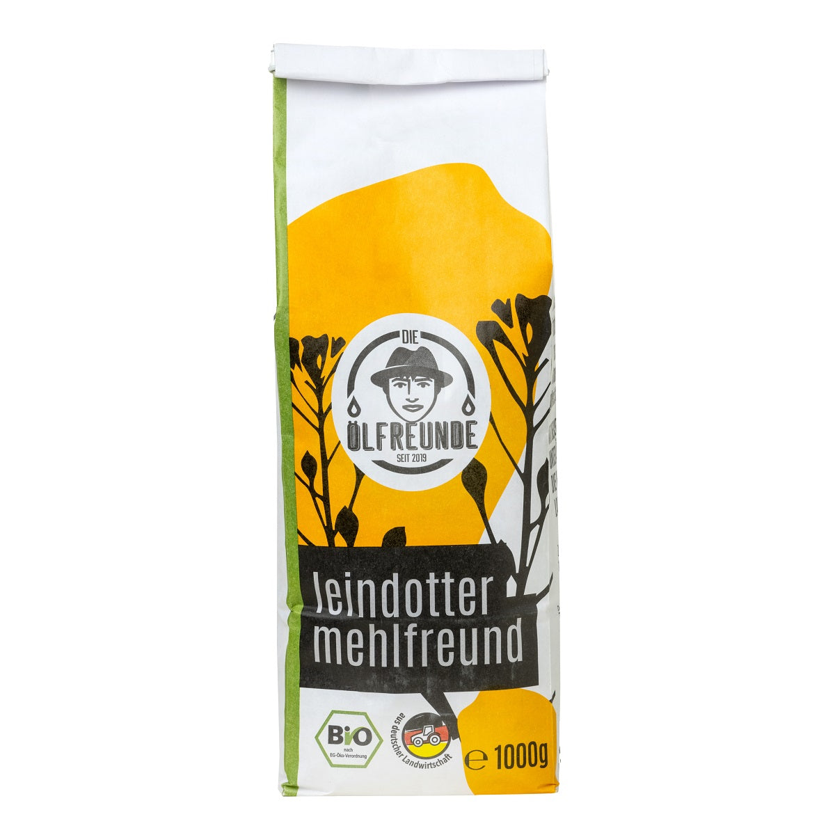 Eine Tüte mit 1000g Bio-Leindottermehl der Marke Die Ölfreunde.
