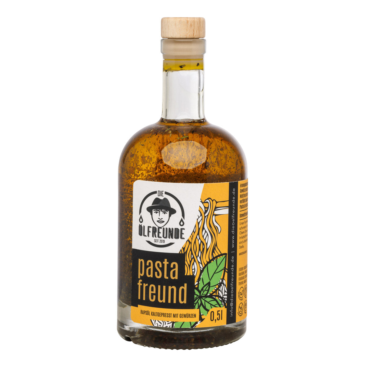 500-ml-Flasche kaltgepresstes Rapsöl mit Pasta-Gewürz.