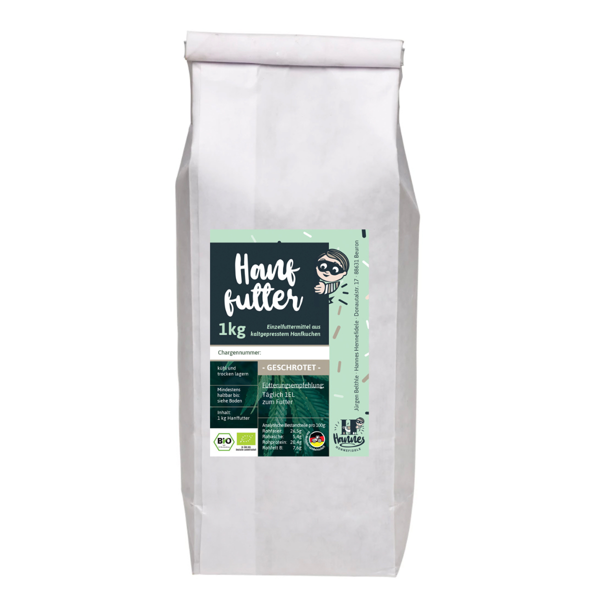 Eine Tüte mit 1000g geschrotetes Bio-Hühner-Hanffutter