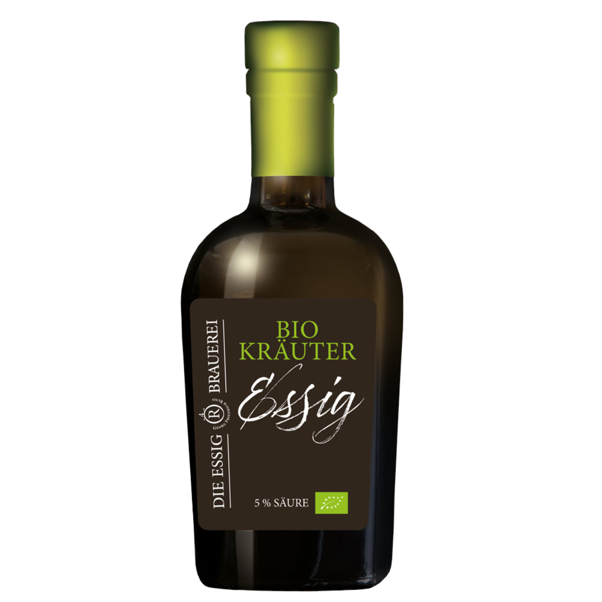 Eine Flasche Bio-Kräuteressig mit 5% Säure der Marke Die Essig Brauerei.