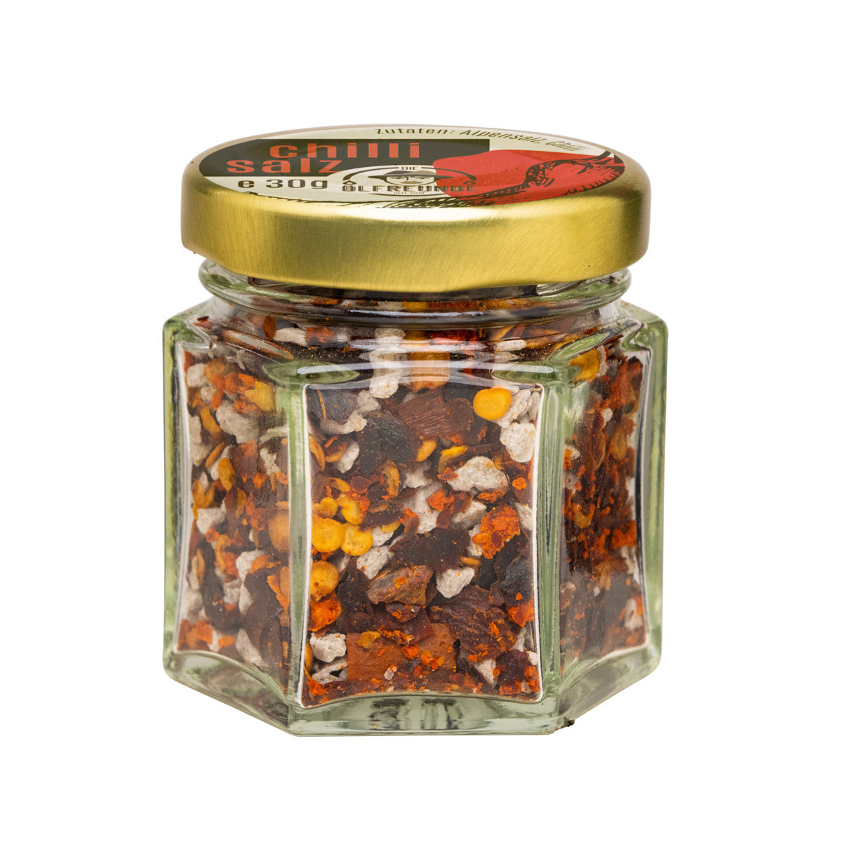 Ein Glas mit 30g Chillisalz der Marke Die Ölfreunde.