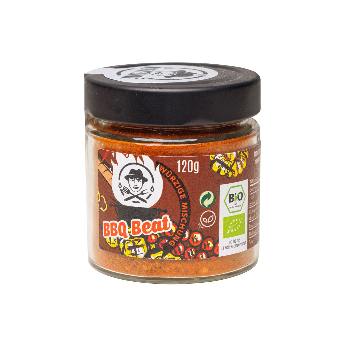 Ein Glas mit 120g BBQ Beat Bio-Gewürzmischung der Marke Die Ölfreunde