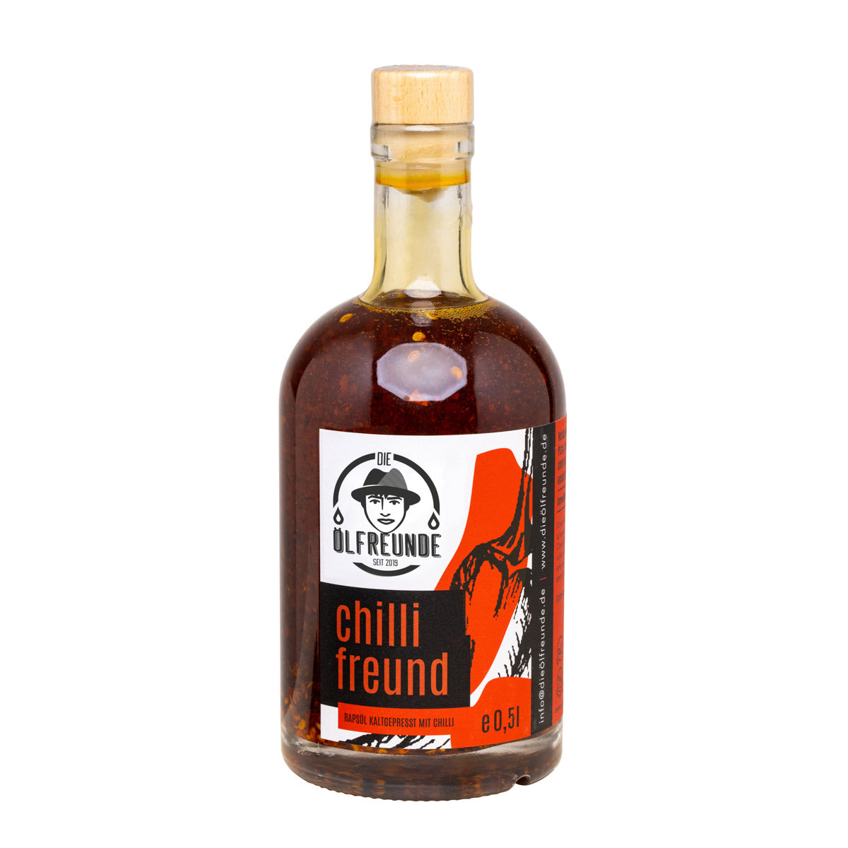 500-ml-Flasche kaltgepresstes Chilli-Öl mit crispy Chilliflocken, von Marke Die Ölfreunde.