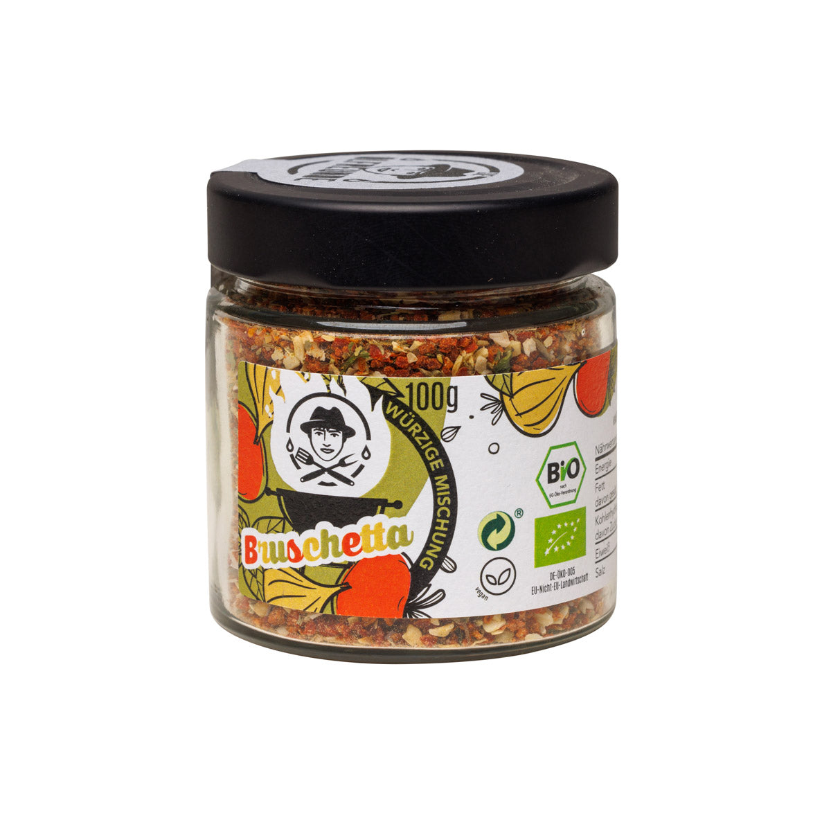 Ein Glas mit 100g Bruschetta Bio-Gewürzmischung der Marke Die Ölfreunde