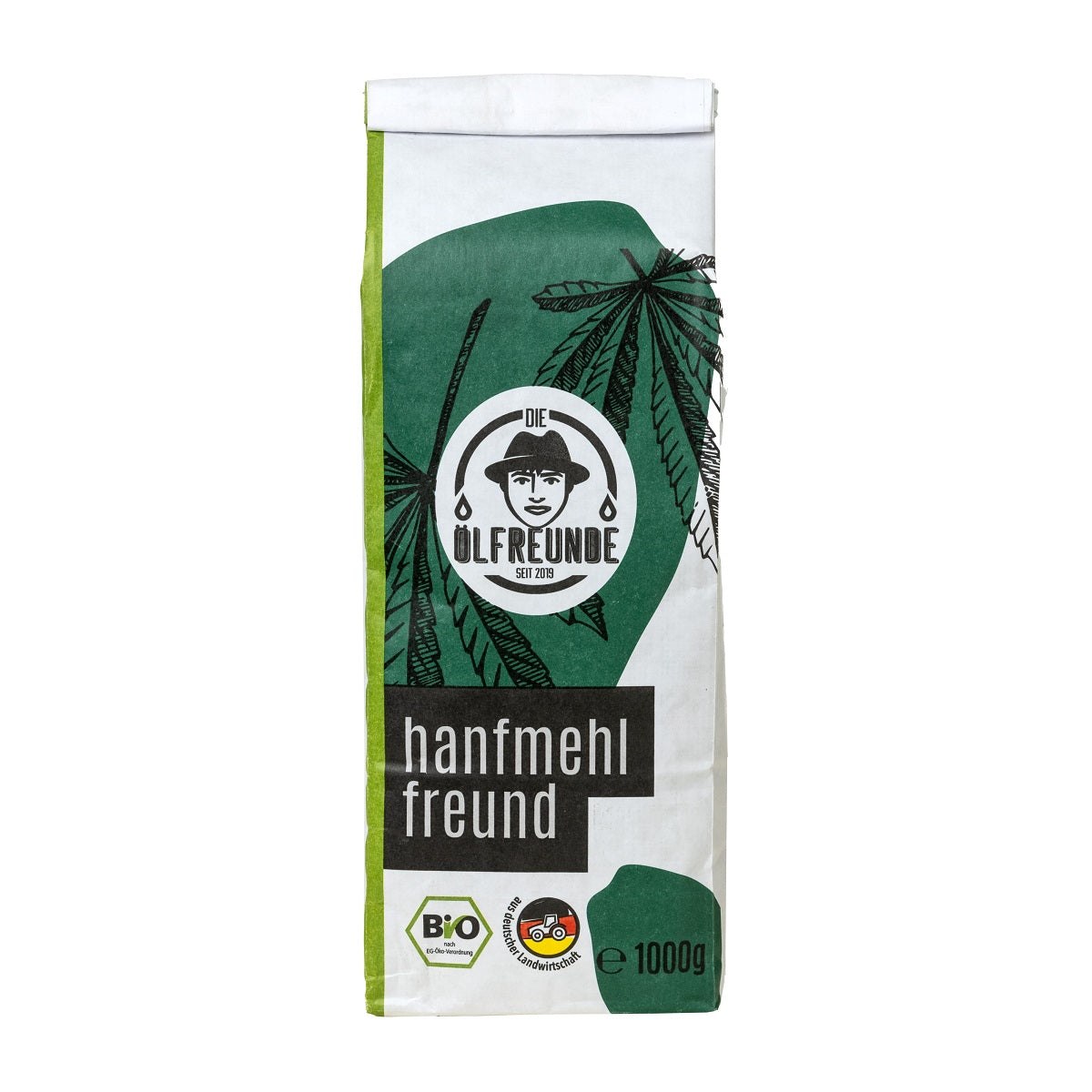 Eine Tüte mit 1000g Bio-Hanfmehl der Marke die Ölfreunde.