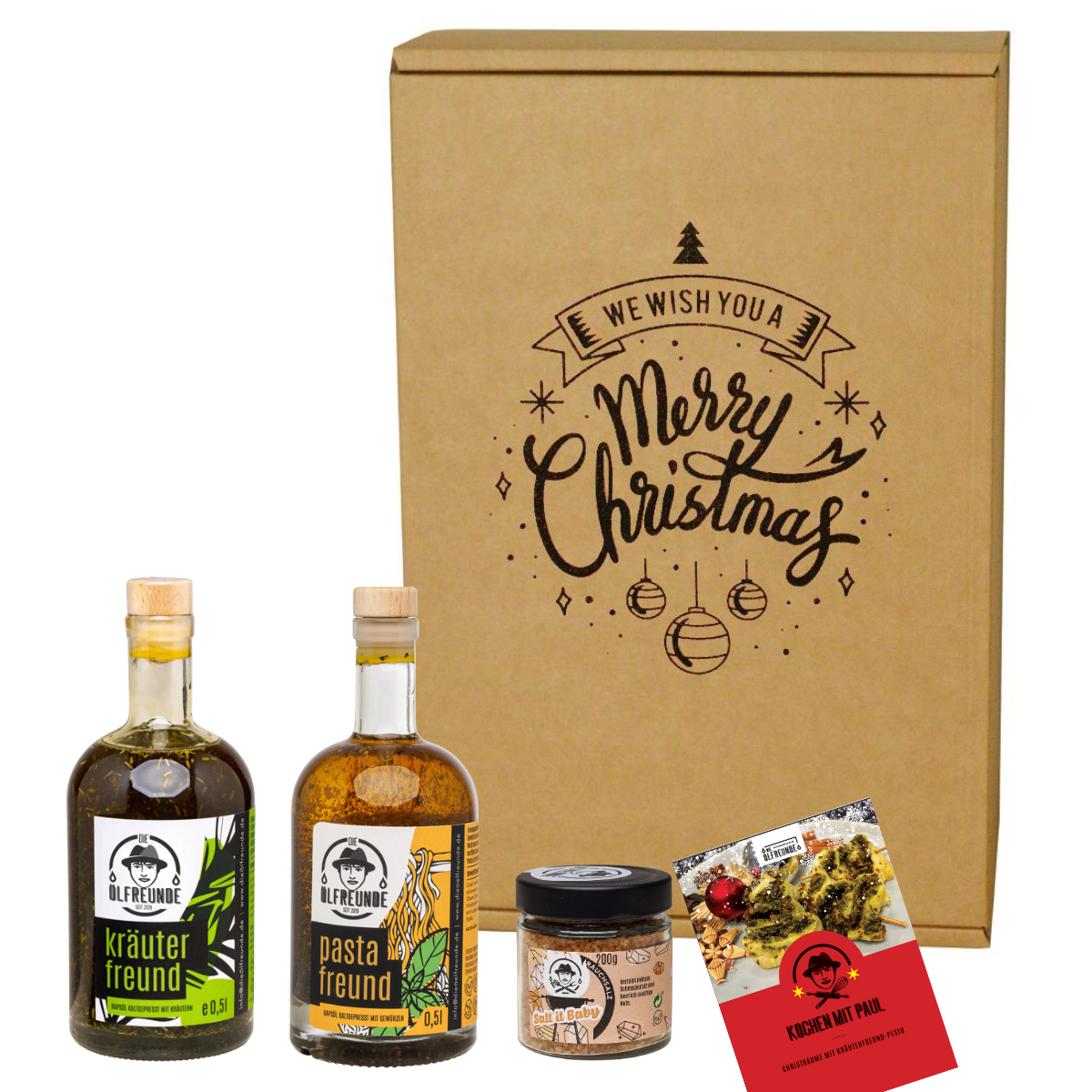 Eine Flasche Kräuteröl, Pasta-Öl und ein Glas Rauchsalz, dazu ein kleines Prospekt, der Marke Die Ölfreunde, vor einer Weihnachts-Geschenkeverpackung.