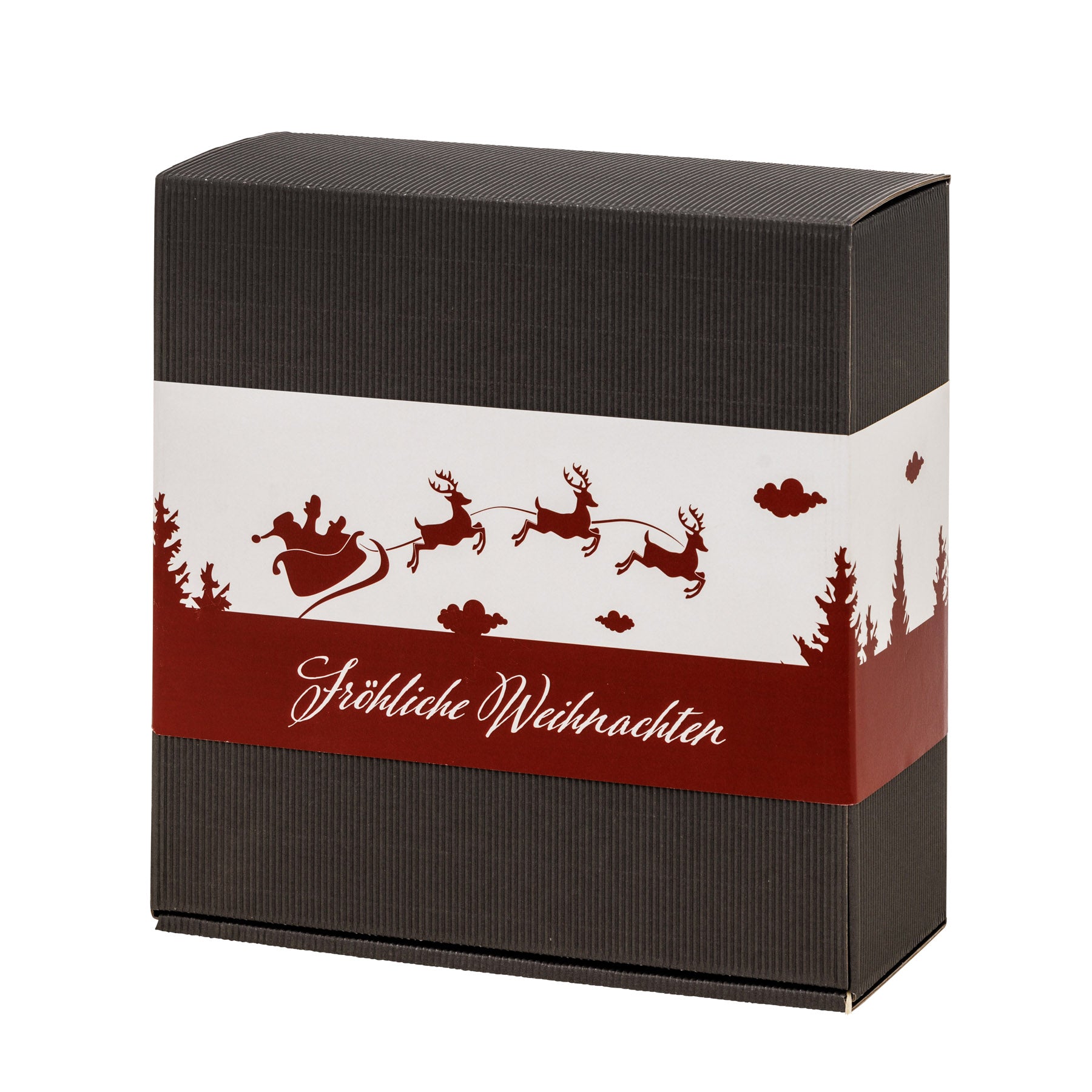 Graue Geschenkebox mit einem Weihnachtlichen Band mit einem Schlitten, Rentieren und der Aufschrift ,Fröhliche Weihnachten' in rot.
