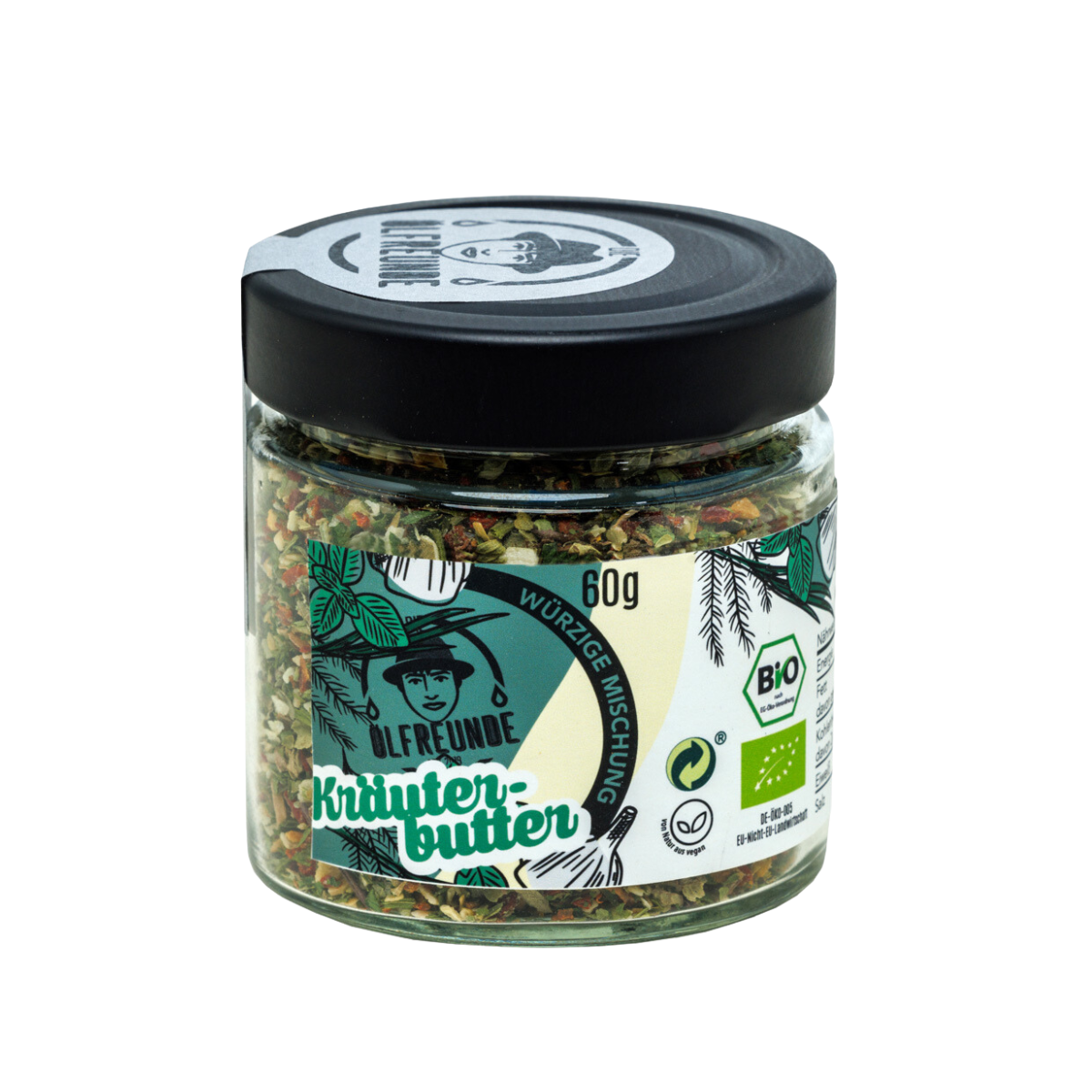 Ein Glas mit 60g Bio-Gewürzmischung ,Kräuterbutter', der Marke Die Ölfruende.