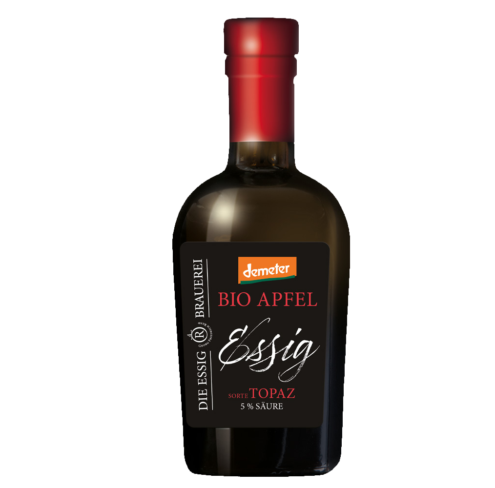 Eine Flasche Bio-Apfelessig mit Demeter-Siegel, der Marke Die Essig Brauerei.