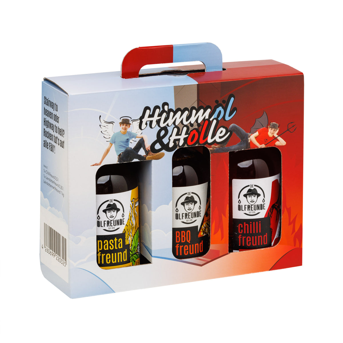 Eine Flasche Pasta-Öl, BBQ-Öl und Chilliöl der Marke Die Ölfreunde, in einer Verpackung mit der Aufschrift ,Himmel und Hölle'.