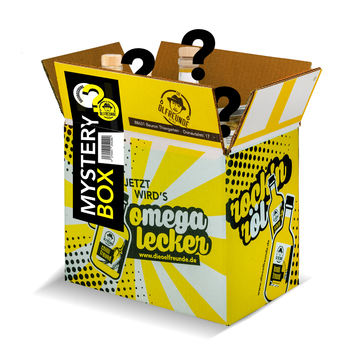 Gelb-schwarze Mystery Box von der Marke Die Ölfreunde