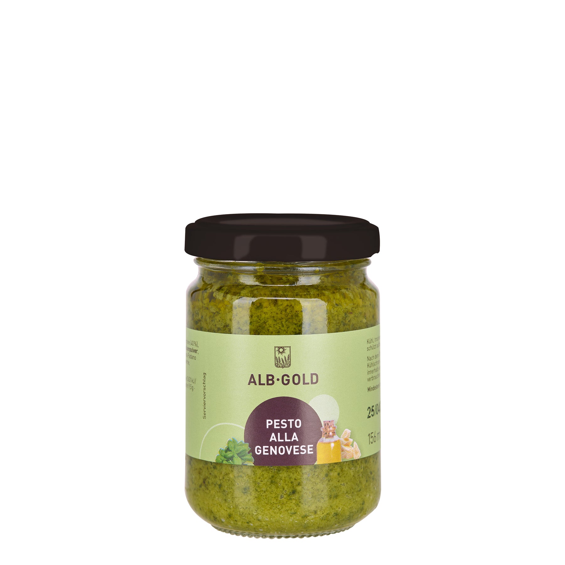 Ein Glas Pesto alla Genovese der Marke Alb-Gold mit grünem Etikett.