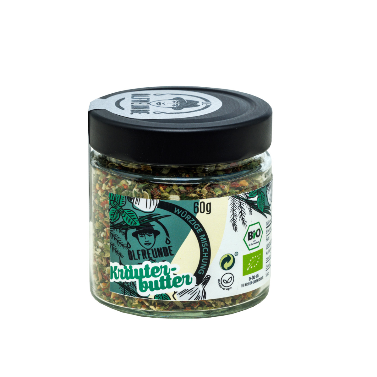 Glas mit 60 g Bio-Kräuterbutter-Gewürzmischung von der Marke Die Ölfreunde.