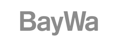Das Logo der BayWa in weißer Schrift und transparenten Hintergrund.