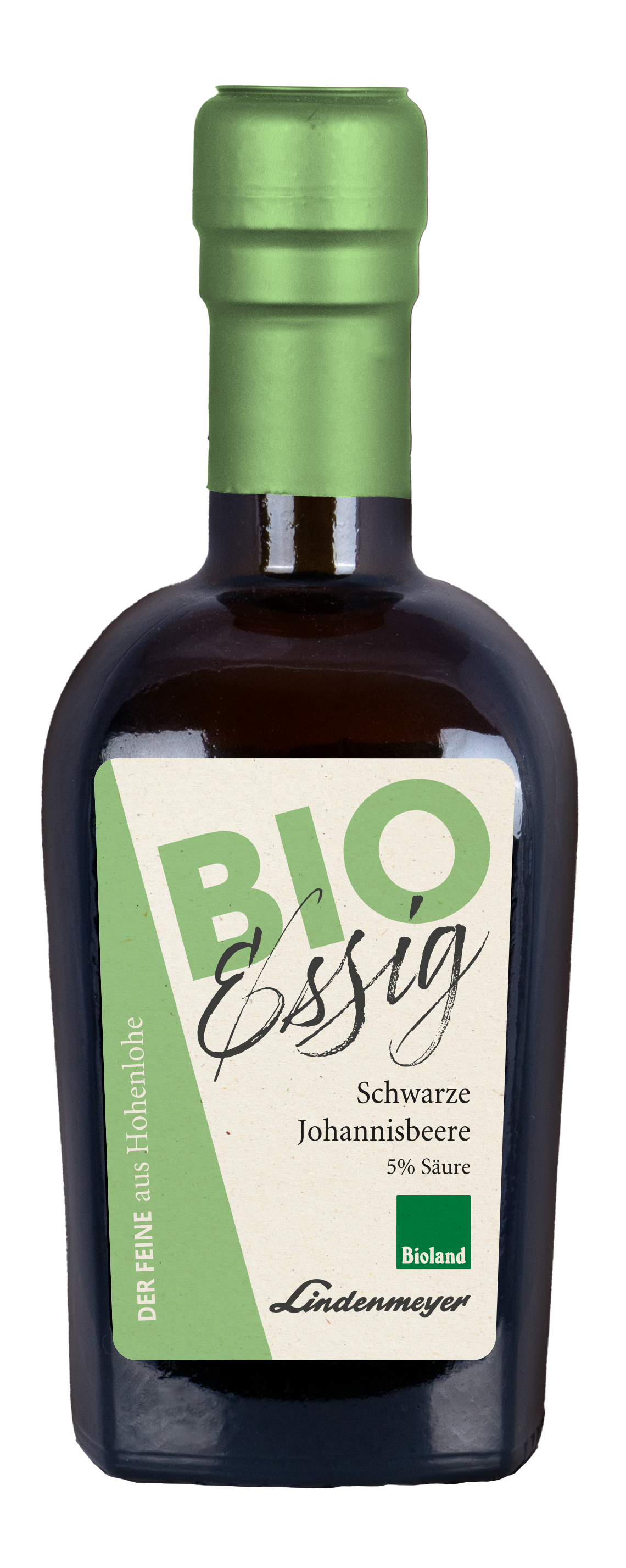 Eine Flasche Bio-Essig Schwarze Johannisbeere der Marke Lindenmeyer mit grünem Etikett.