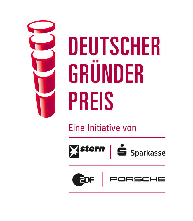 Logo des Deutschen Gründerpreises, sowie die Logos der Partner Stern, Sparkasse, ZDF und Porsche.