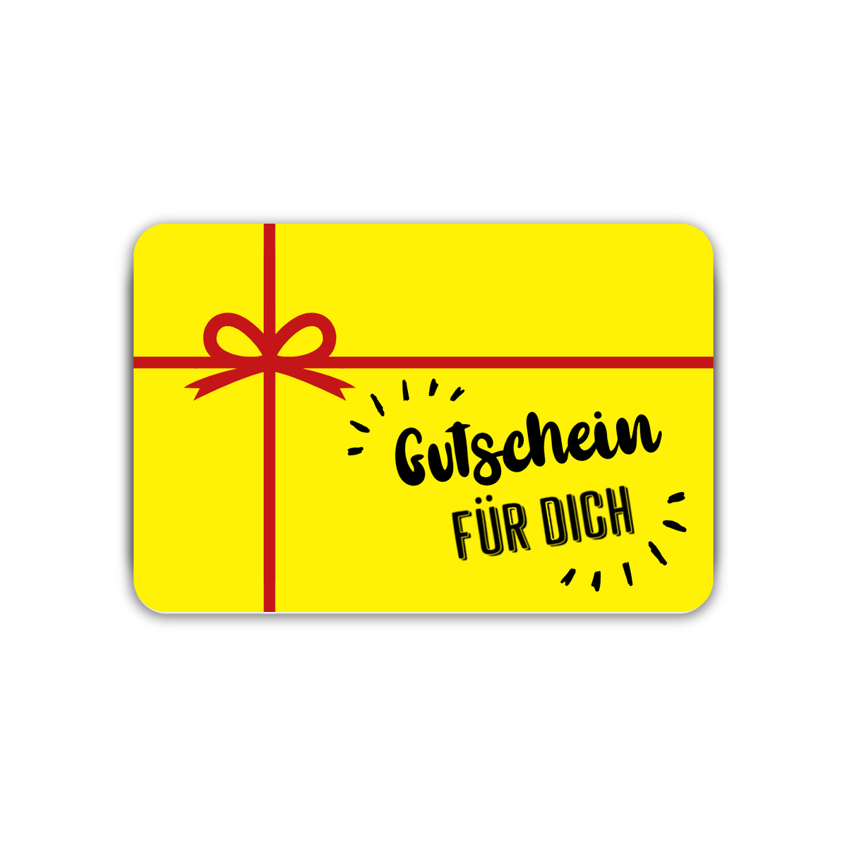 Gelbe Geschenkkarte mit roter Schleife und dem Schriftzug ‚Gutschein FÜR DICH‘ – ideal als Präsent oder Überraschung für besondere Anlässe.