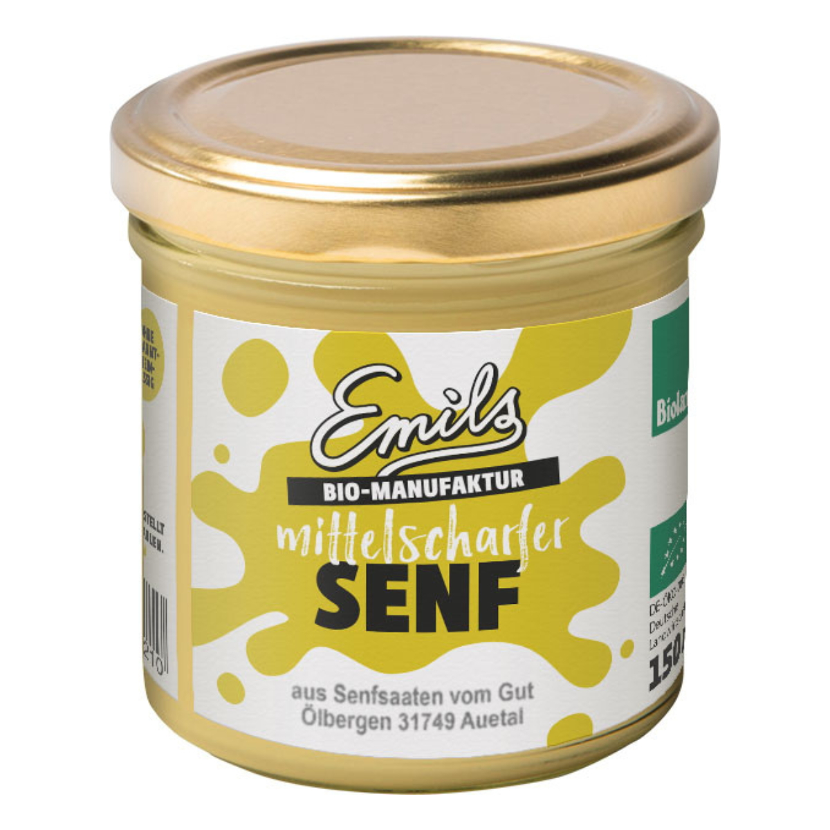Ein Glas 150 g mittelscharfer Senf der Marke Emils Bio-Manufaktur mit gelben Etikett.