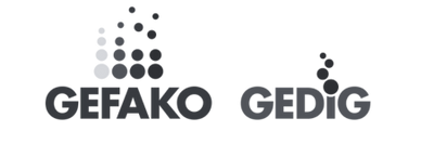 Das Logo der Gefago Gedig in weiß, grauer Schrift und transparenten Hintergrund.