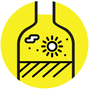Gelbes Icon mit einem Teil einer Flasche drauf. In der Flasche befindet sich eine Sonne, Wolken und Flüssigkeit.