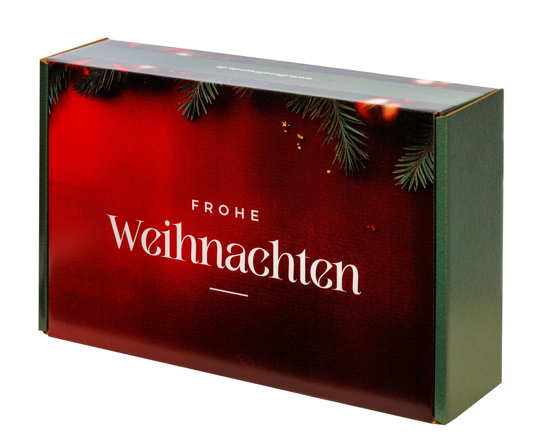 Rot-grüne Weihnachts-Geschenkverpackung mit weißer Beschriftung.