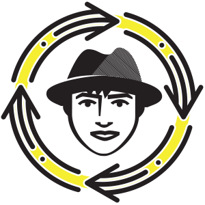 Icon mit einem Kopf mit Hut in der Mitte. außen verläuft ein Kreis mit Pfeilen. Symbolisiert einen Kreislauf.