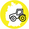 Ein gelbes Icon mit einer weißen Deutschlandkarte und einem schwarzen Traktor.