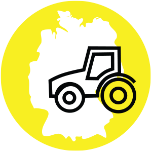 Ein gelbes Icon mit einer weißen Deutschlandkarte und einem schwarzen Traktor.