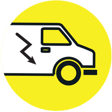 Gelbes Icon mit einem weißen Transporter mit Blitz in der Mitte. Symbolisiert die schnelle Lieferung.