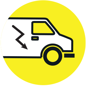 Gelbes Icon mit einem weißen Transporter mit Blitz in der Mitte. Symbolisiert die schnelle Lieferung.